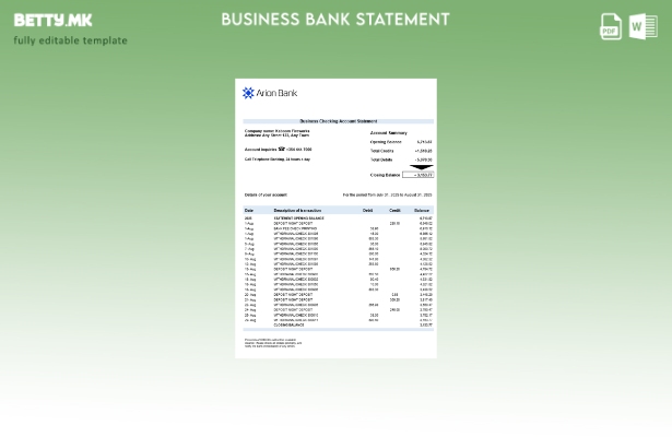 модерен стил Арион банка за проверка на изјава за деловна организација Word и PD